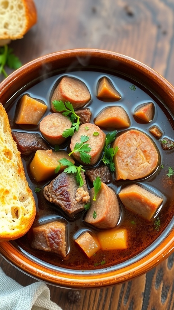 A bowl of carnivore soup with beef, pork, and sausage in a rich broth, garnished with herbs on a wooden table.